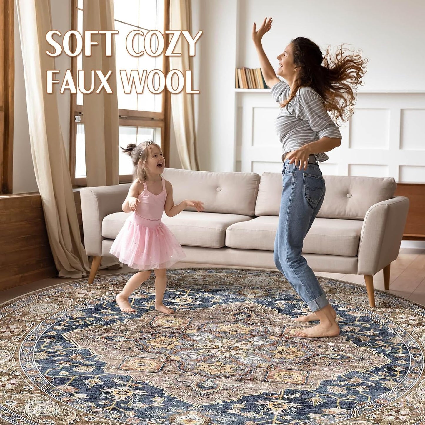 Round Rug Living Room Rugs: 8x8 Washable Boho Neutral Large Circle Soft Indoor Floral Stain Resistant Floor Farmhouse Carpet for Bedroom Nursery Kids Playroom Office Dining Room Dorm- Yellow Blue