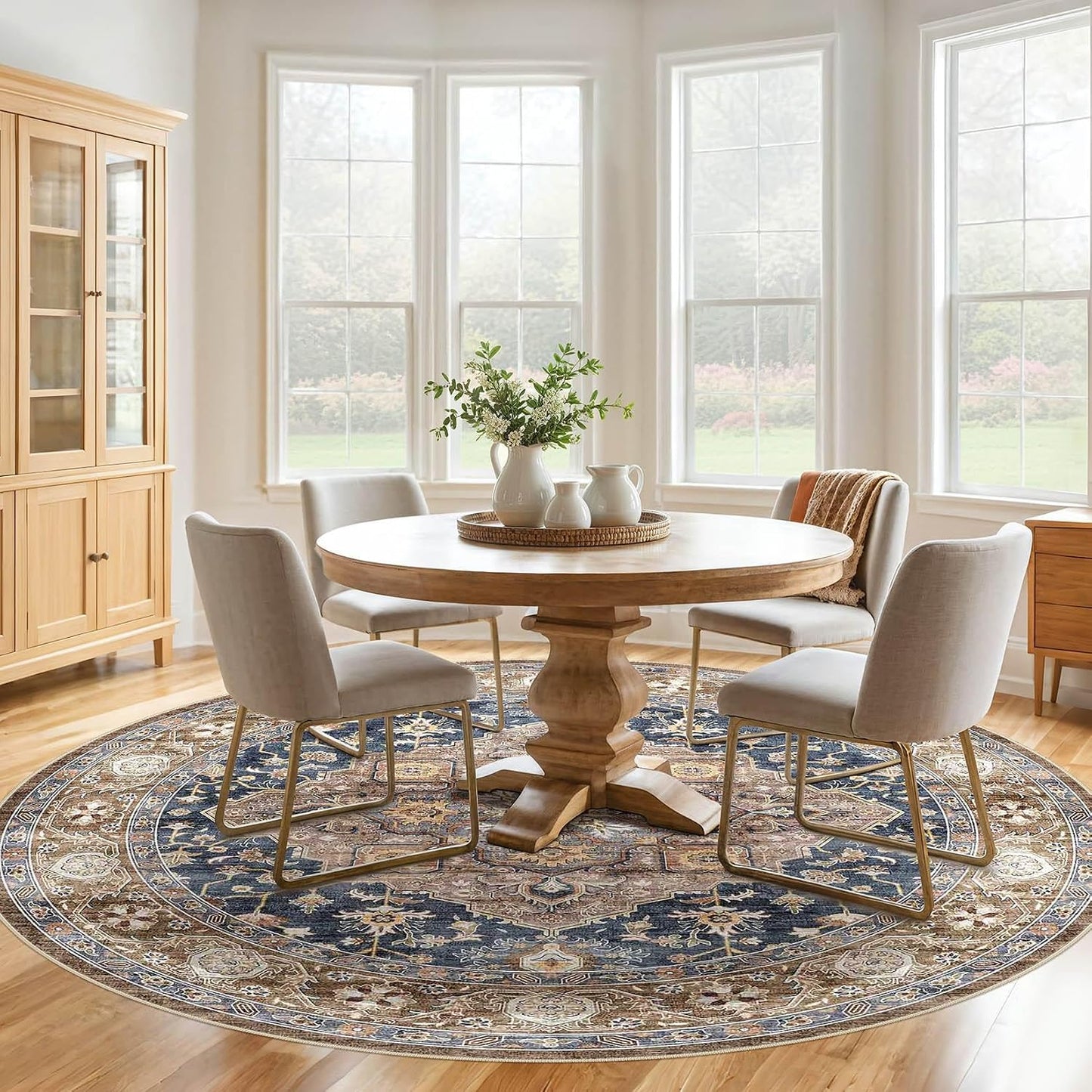Round Rug Living Room Rugs: 8x8 Washable Boho Neutral Large Circle Soft Indoor Floral Stain Resistant Floor Farmhouse Carpet for Bedroom Nursery Kids Playroom Office Dining Room Dorm- Yellow Blue