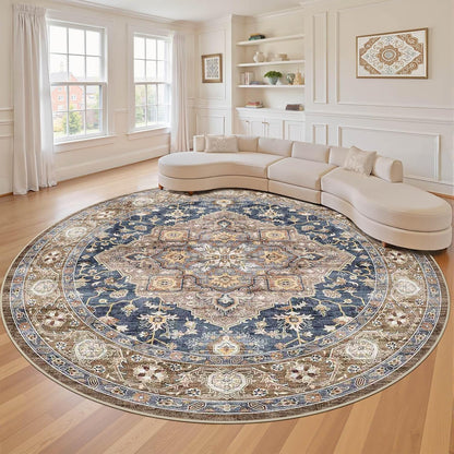 Round Rug Living Room Rugs: 8x8 Washable Boho Neutral Large Circle Soft Indoor Floral Stain Resistant Floor Farmhouse Carpet for Bedroom Nursery Kids Playroom Office Dining Room Dorm- Yellow Blue