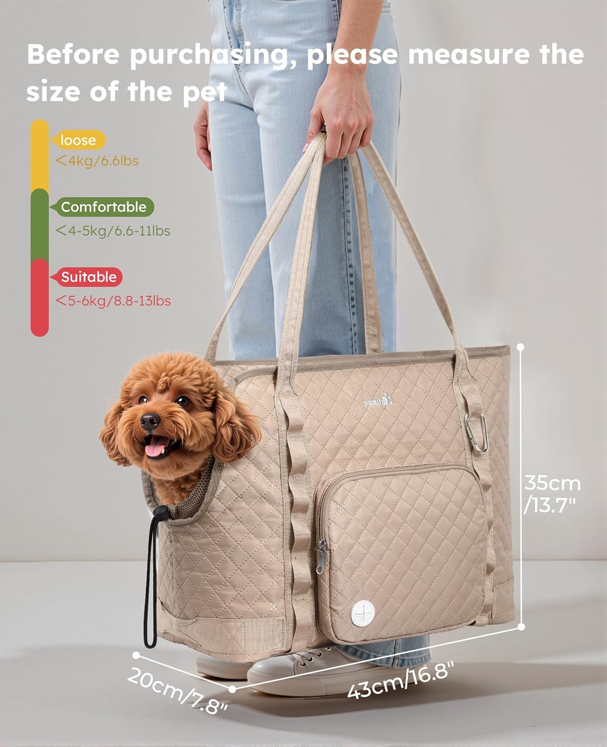 Dog Purse Carrier, Dog Carrier with Pockets for Small Dogs,XL,Khaki | Breathable,Foldable,Large Pocket,Built-in safety Rope,Machine washable,Under 13 Lbs