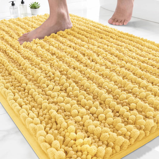 Bathroom Rugs Non Slip Washable - Ultra Soft Absorbent Chenille Bath Mat, Quick Dry Shaggy Floor Carpet for Tub Shower, Yellow Home Decor Accessories, 24x17 Inch