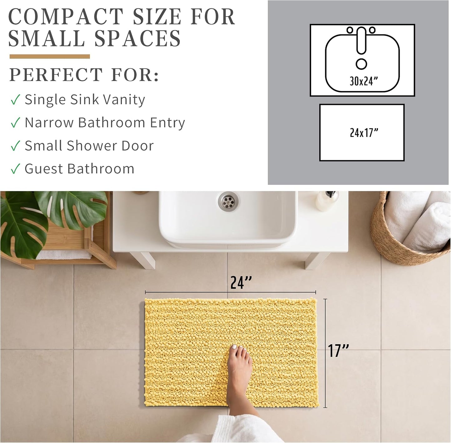 Bathroom Rugs Non Slip Washable - Ultra Soft Absorbent Chenille Bath Mat, Quick Dry Shaggy Floor Carpet for Tub Shower, Yellow Home Decor Accessories, 24x17 Inch