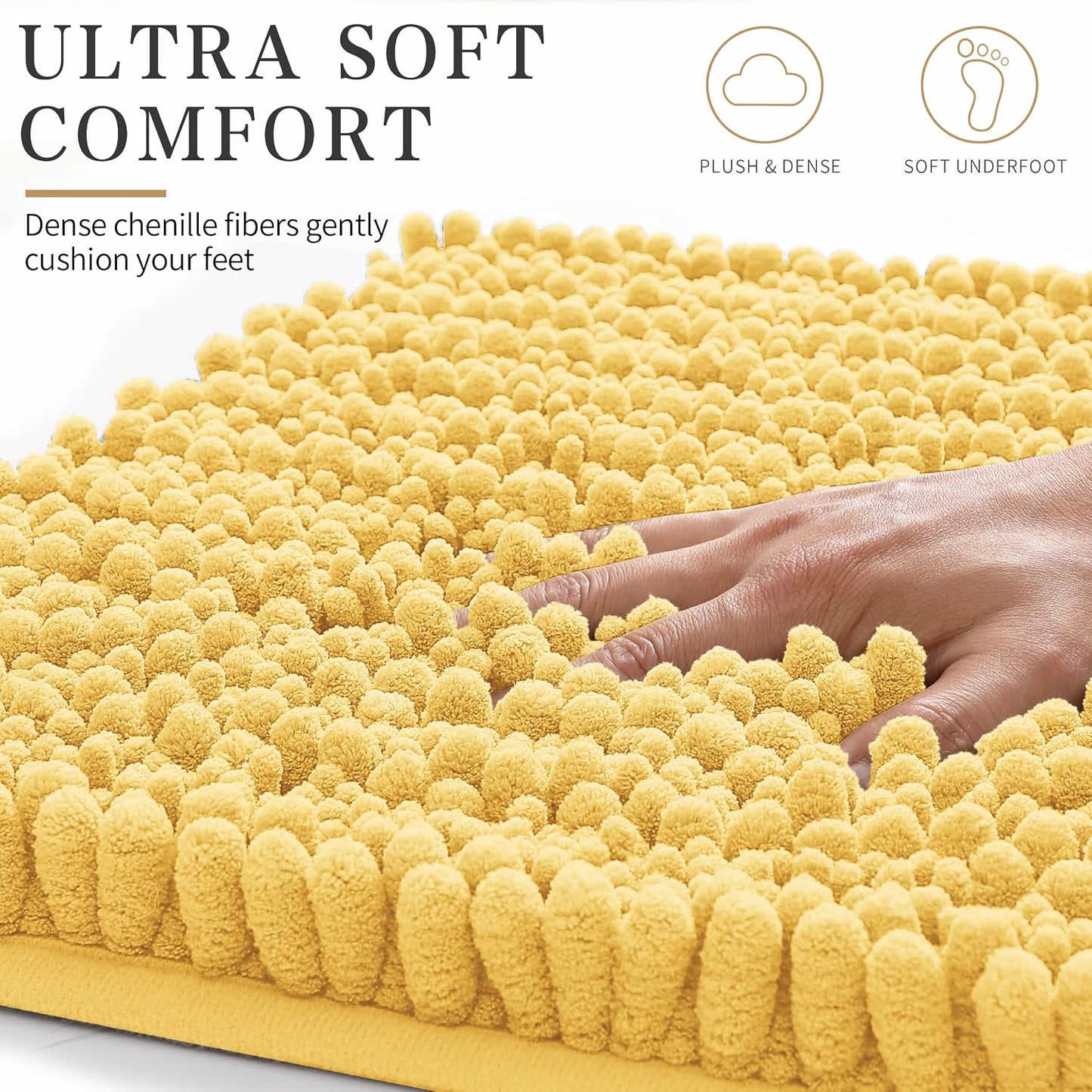 Bathroom Rugs Non Slip Washable - Ultra Soft Absorbent Chenille Bath Mat, Quick Dry Shaggy Floor Carpet for Tub Shower, Yellow Home Decor Accessories, 24x17 Inch