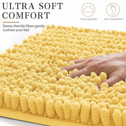 Bathroom Rugs Non Slip Washable - Ultra Soft Absorbent Chenille Bath Mat, Quick Dry Shaggy Floor Carpet for Tub Shower, Yellow Home Decor Accessories, 24x17 Inch