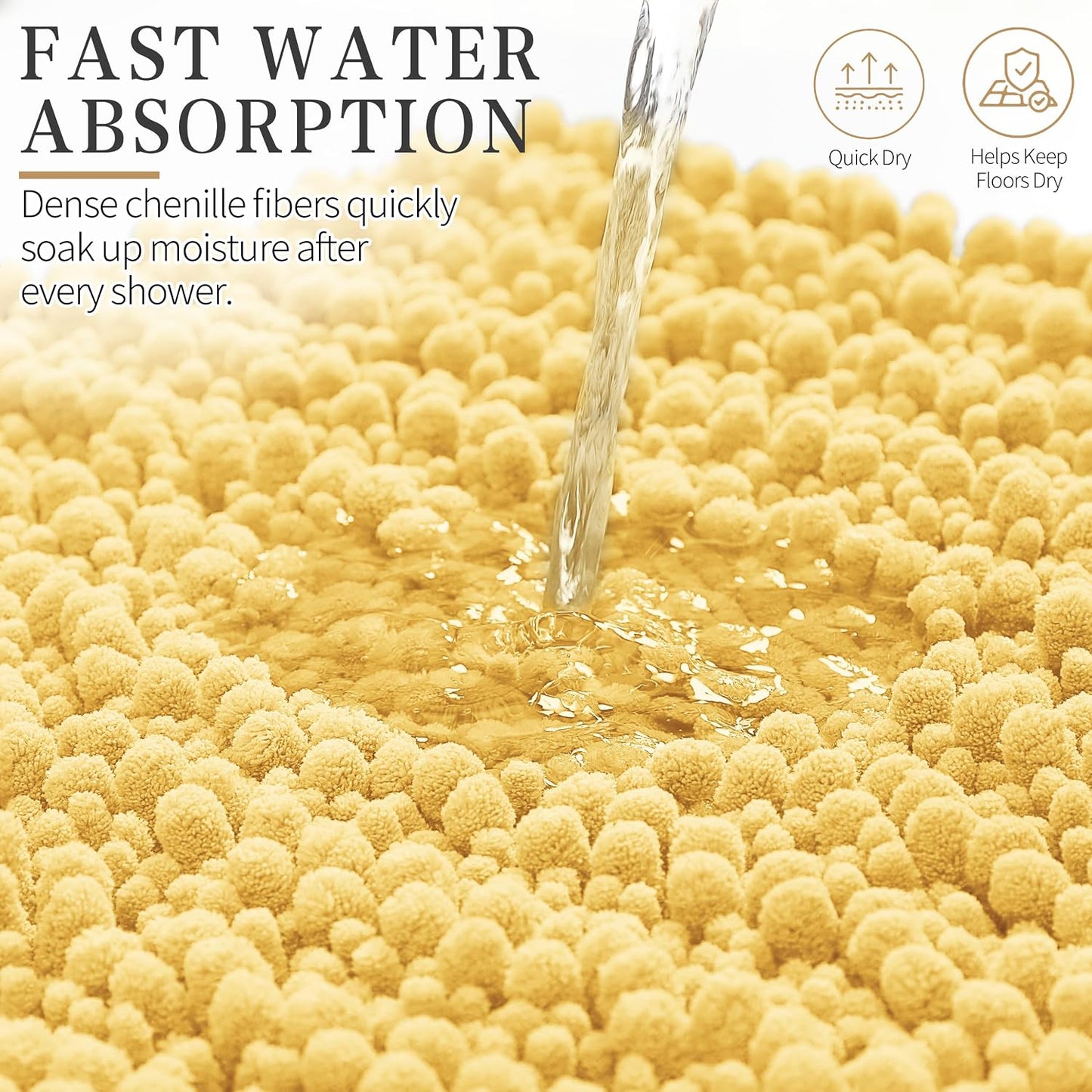 Bathroom Rugs Non Slip Washable - Ultra Soft Absorbent Chenille Bath Mat, Quick Dry Shaggy Floor Carpet for Tub Shower, Yellow Home Decor Accessories, 24x17 Inch