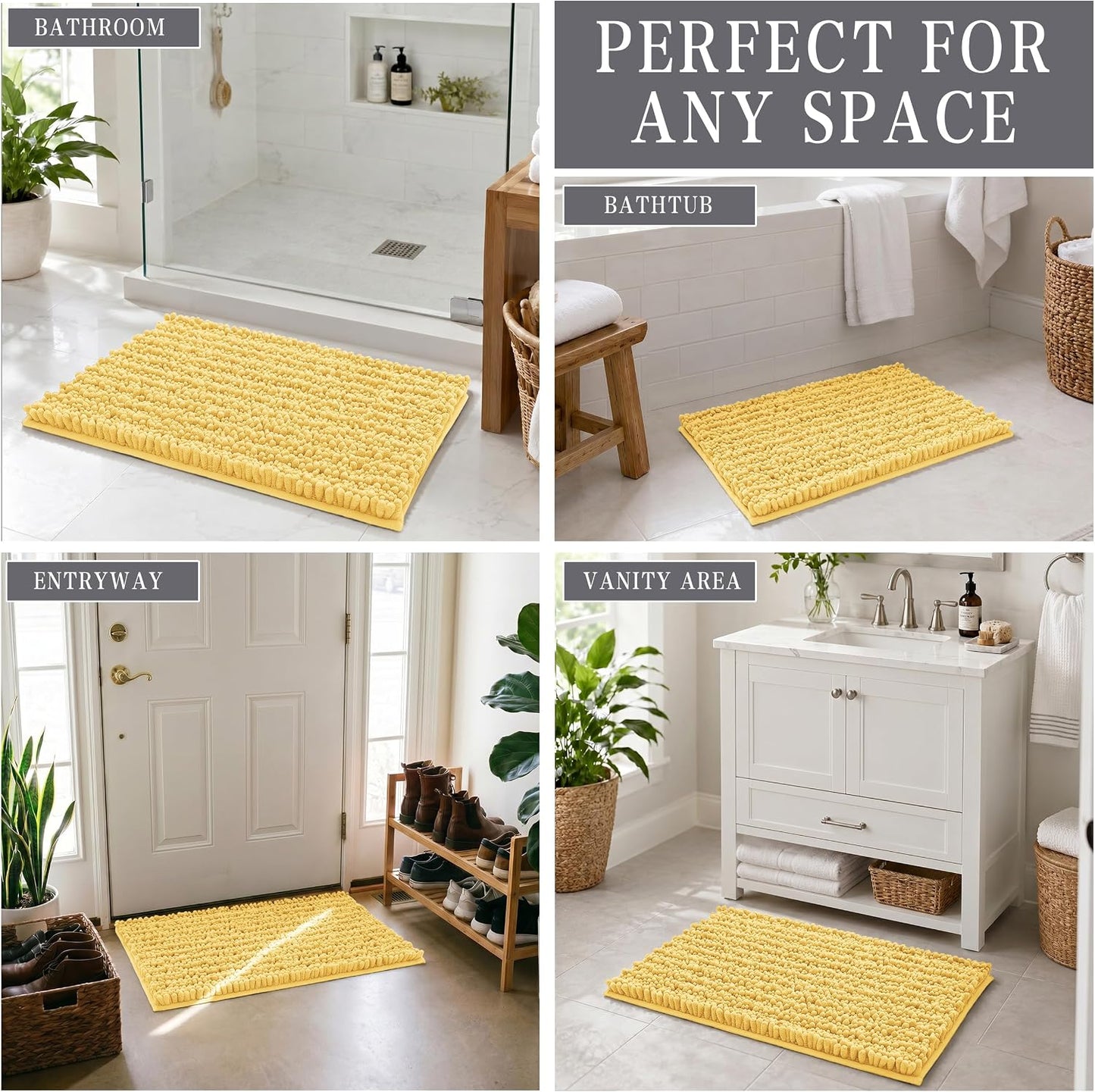Bathroom Rugs Non Slip Washable - Ultra Soft Absorbent Chenille Bath Mat, Quick Dry Shaggy Floor Carpet for Tub Shower, Yellow Home Decor Accessories, 24x17 Inch