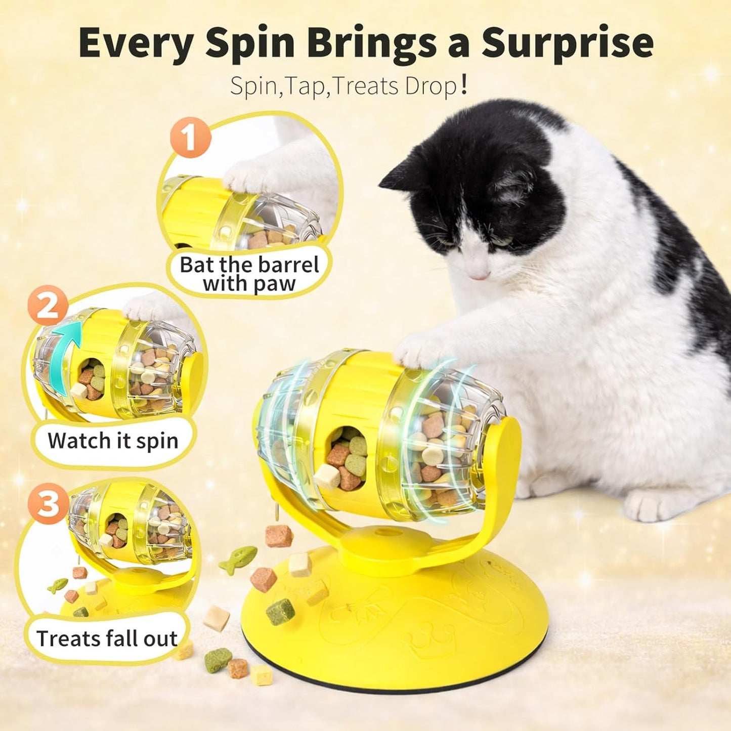 Cat Treat Feeder, Cat Treat Dispenser Toy for Dry Food, Rotating Barrel Interactive Cat Toys for Indoor Cats &Puppies, Kitten Enrichment Funny Toy(Yellow)
