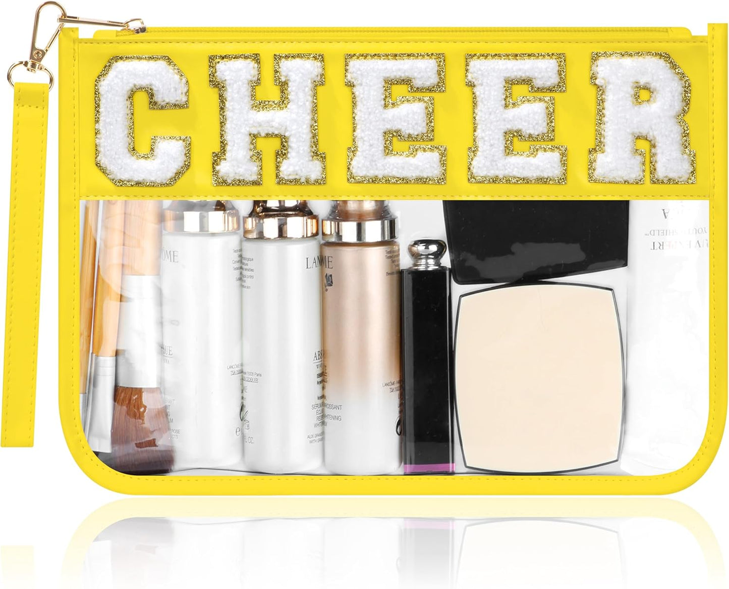 Cheer Chenille Letter Bags Clear Makeup Bag, Cheerleader Gifts Cosmetic Bag, Varsity Preppy Patch Flat Pouch Cheer Accessories, Waterproof PVC Organizer Toiletry Bag for Women Girls Yellow