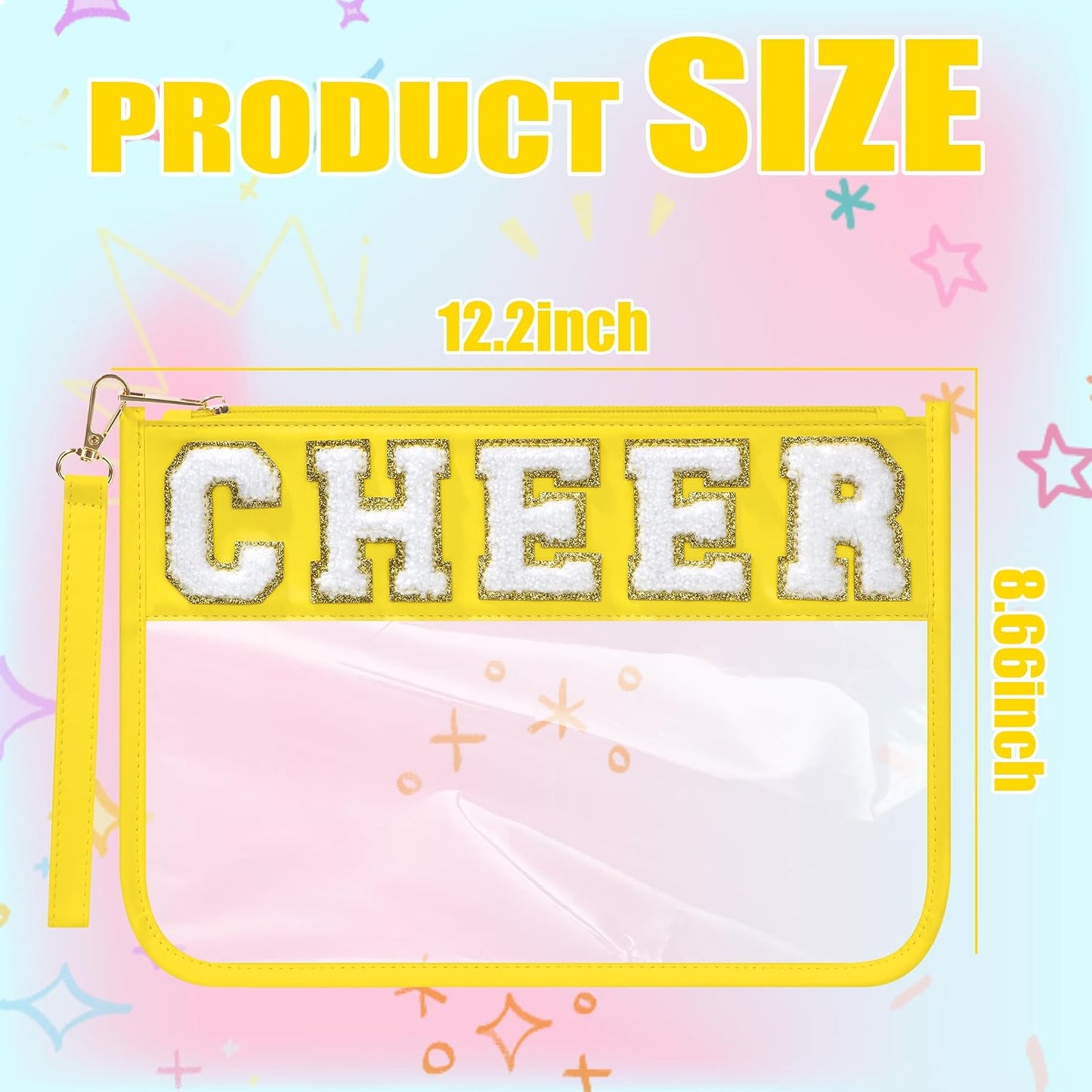 Cheer Chenille Letter Bags Clear Makeup Bag, Cheerleader Gifts Cosmetic Bag, Varsity Preppy Patch Flat Pouch Cheer Accessories, Waterproof PVC Organizer Toiletry Bag for Women Girls Yellow