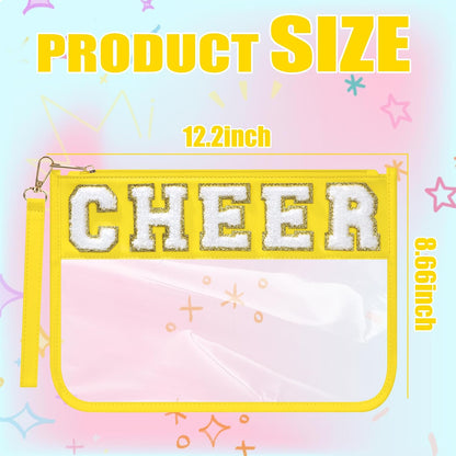 Cheer Chenille Letter Bags Clear Makeup Bag, Cheerleader Gifts Cosmetic Bag, Varsity Preppy Patch Flat Pouch Cheer Accessories, Waterproof PVC Organizer Toiletry Bag for Women Girls Yellow
