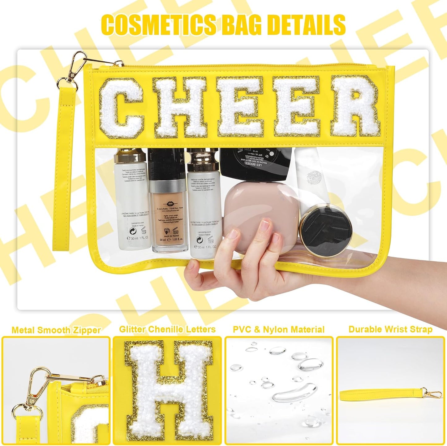 Cheer Chenille Letter Bags Clear Makeup Bag, Cheerleader Gifts Cosmetic Bag, Varsity Preppy Patch Flat Pouch Cheer Accessories, Waterproof PVC Organizer Toiletry Bag for Women Girls Yellow