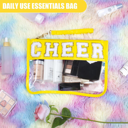 Cheer Chenille Letter Bags Clear Makeup Bag, Cheerleader Gifts Cosmetic Bag, Varsity Preppy Patch Flat Pouch Cheer Accessories, Waterproof PVC Organizer Toiletry Bag for Women Girls Yellow