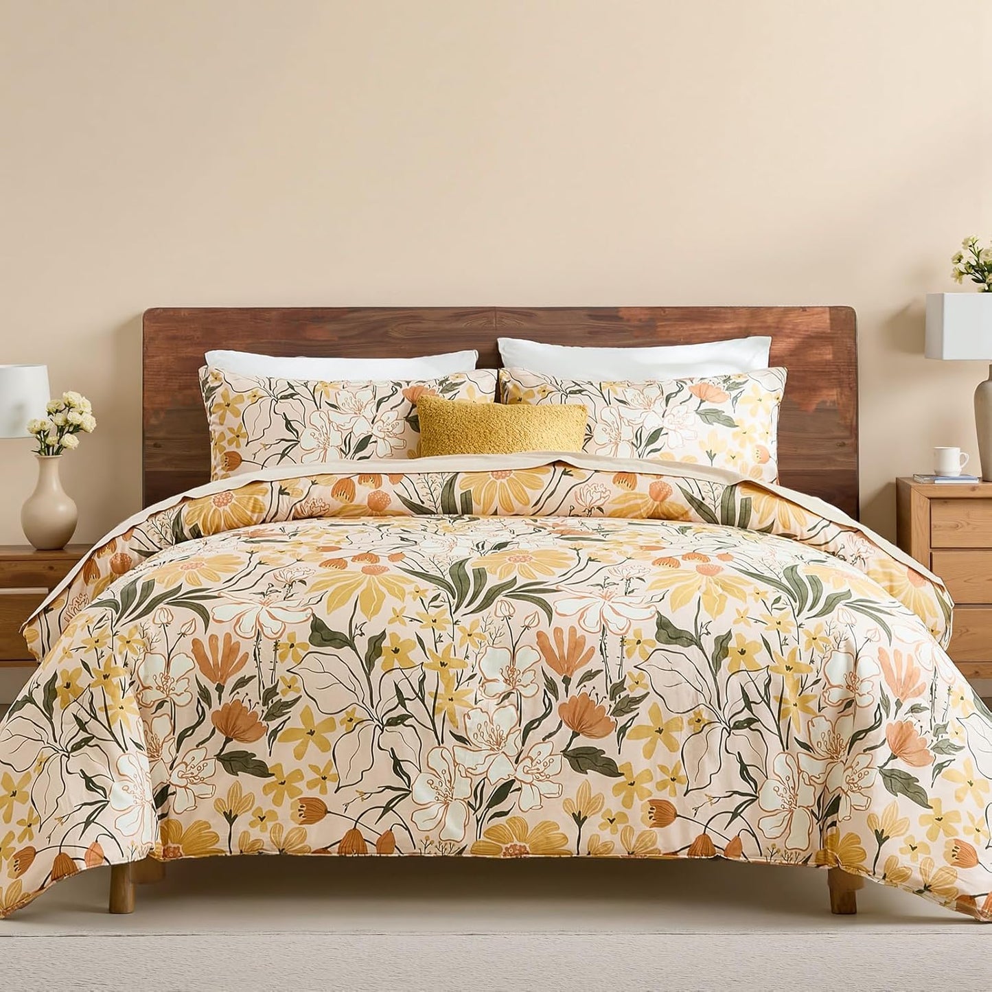 100% Cotton Comforter Set Queen Floral Bedding Set Yellow Flower Green Leaf Print French Country Bedding Extra Soft & Breathable Bedroom Comforter