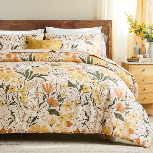 100% Cotton Comforter Set Queen Floral Bedding Set Yellow Flower Green Leaf Print French Country Bedding Extra Soft & Breathable Bedroom Comforter