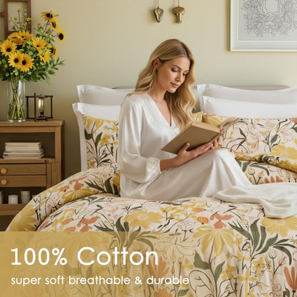100% Cotton Comforter Set Queen Floral Bedding Set Yellow Flower Green Leaf Print French Country Bedding Extra Soft & Breathable Bedroom Comforter