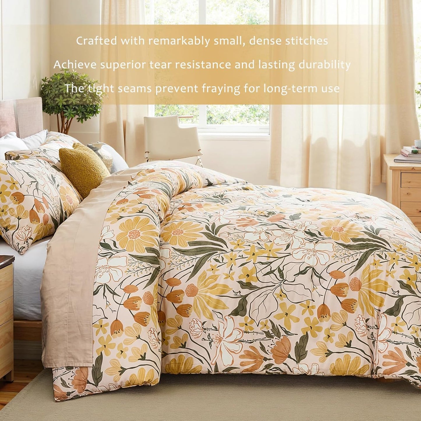 100% Cotton Comforter Set Queen Floral Bedding Set Yellow Flower Green Leaf Print French Country Bedding Extra Soft & Breathable Bedroom Comforter