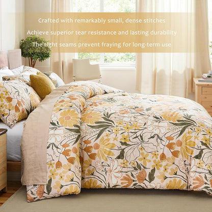 100% Cotton Comforter Set Queen Floral Bedding Set Yellow Flower Green Leaf Print French Country Bedding Extra Soft & Breathable Bedroom Comforter