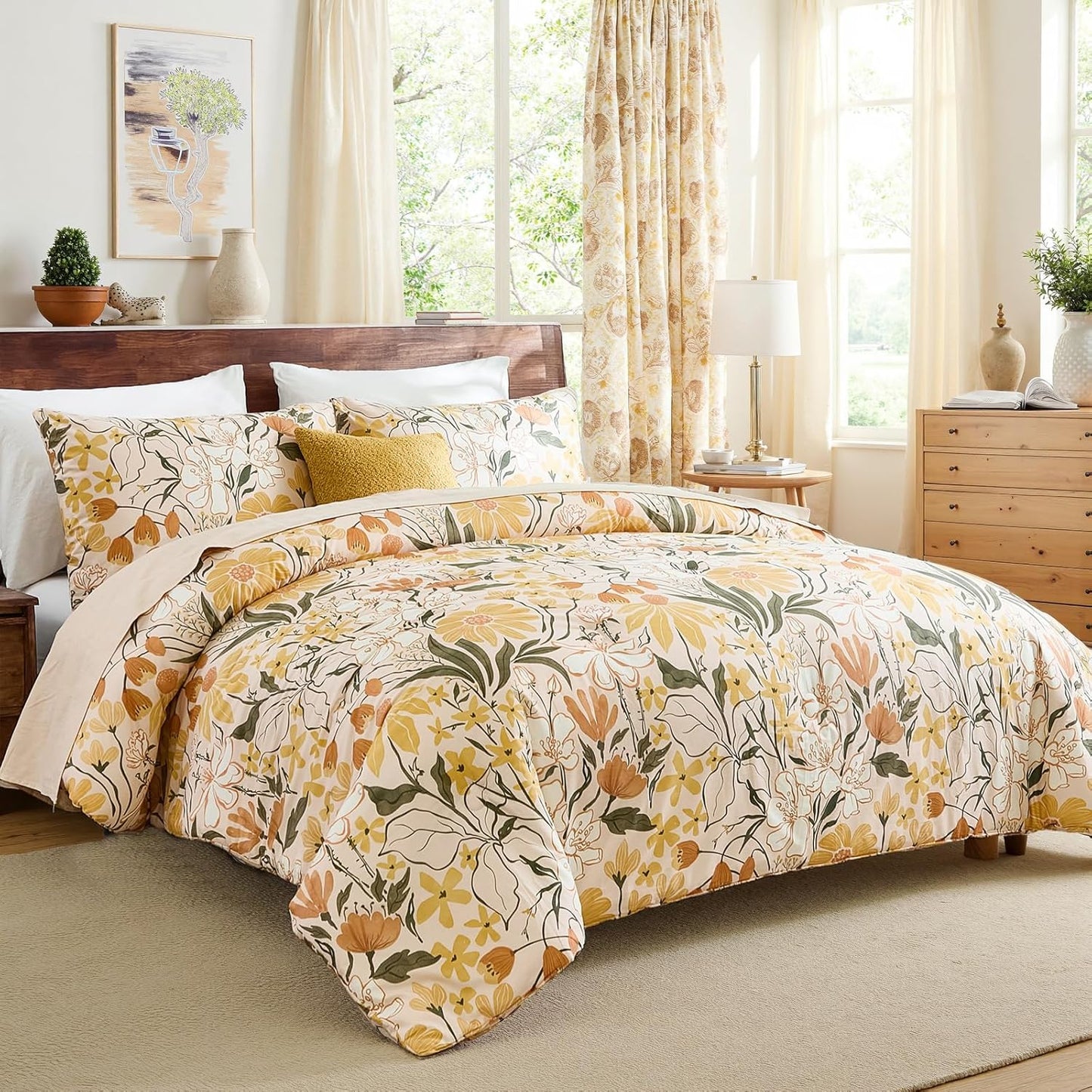 100% Cotton Comforter Set Queen Floral Bedding Set Yellow Flower Green Leaf Print French Country Bedding Extra Soft & Breathable Bedroom Comforter