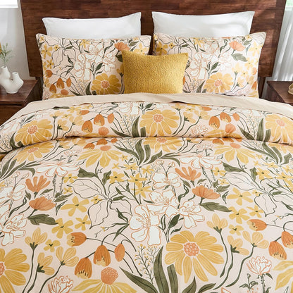 100% Cotton Comforter Set Queen Floral Bedding Set Yellow Flower Green Leaf Print French Country Bedding Extra Soft & Breathable Bedroom Comforter