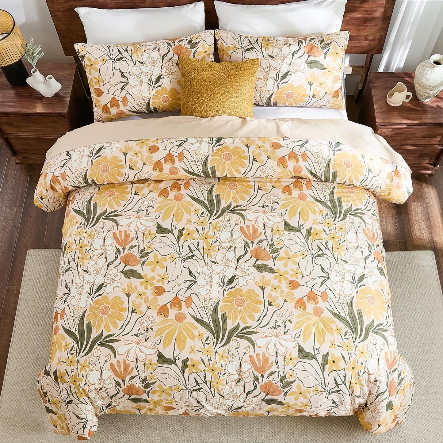 100% Cotton Comforter Set Queen Floral Bedding Set Yellow Flower Green Leaf Print French Country Bedding Extra Soft & Breathable Bedroom Comforter