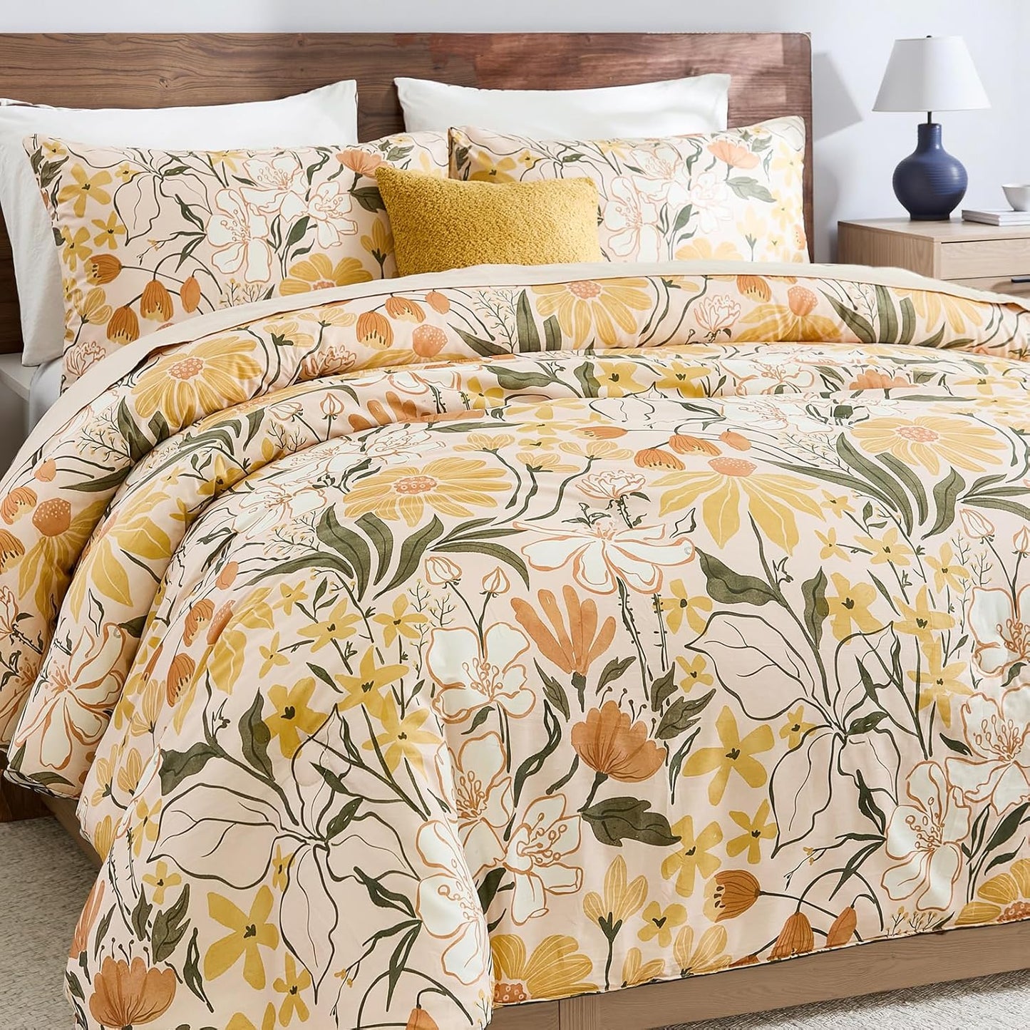 100% Cotton Comforter Set Queen Floral Bedding Set Yellow Flower Green Leaf Print French Country Bedding Extra Soft & Breathable Bedroom Comforter