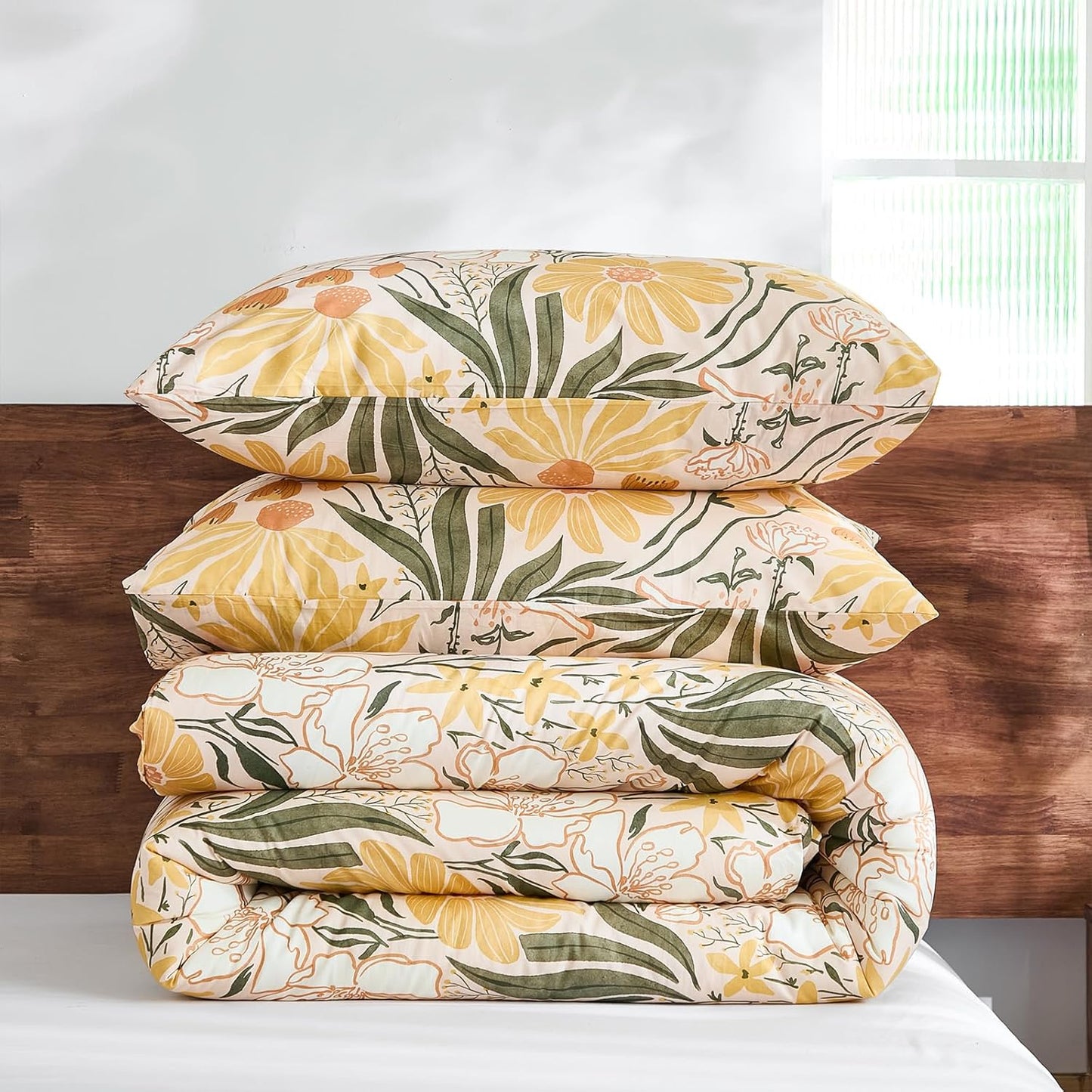 100% Cotton Comforter Set Queen Floral Bedding Set Yellow Flower Green Leaf Print French Country Bedding Extra Soft & Breathable Bedroom Comforter