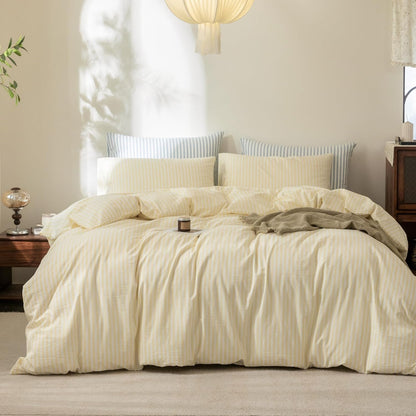 Striped Duvet Cover Set 100% Washed Cotton Linen Feel Super Soft Breathable Cozy 3 Pieces Bedding Sets Pastel Yellow Classic Stripes Queen