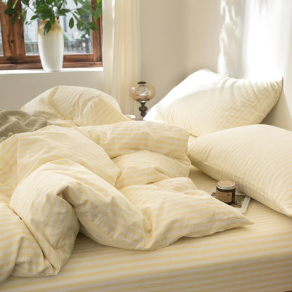 Striped Duvet Cover Set 100% Washed Cotton Linen Feel Super Soft Breathable Cozy 3 Pieces Bedding Sets Pastel Yellow Classic Stripes Queen