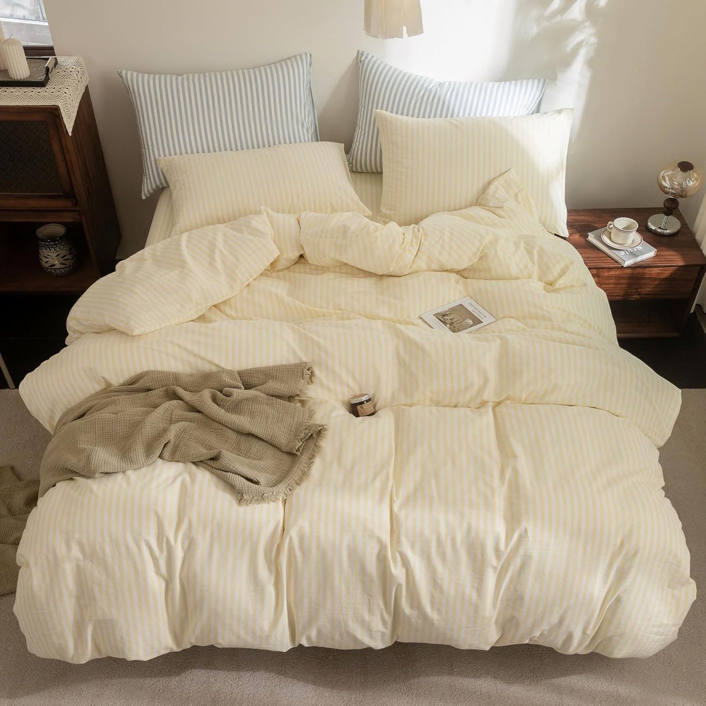 Striped Duvet Cover Set 100% Washed Cotton Linen Feel Super Soft Breathable Cozy 3 Pieces Bedding Sets Pastel Yellow Classic Stripes Queen