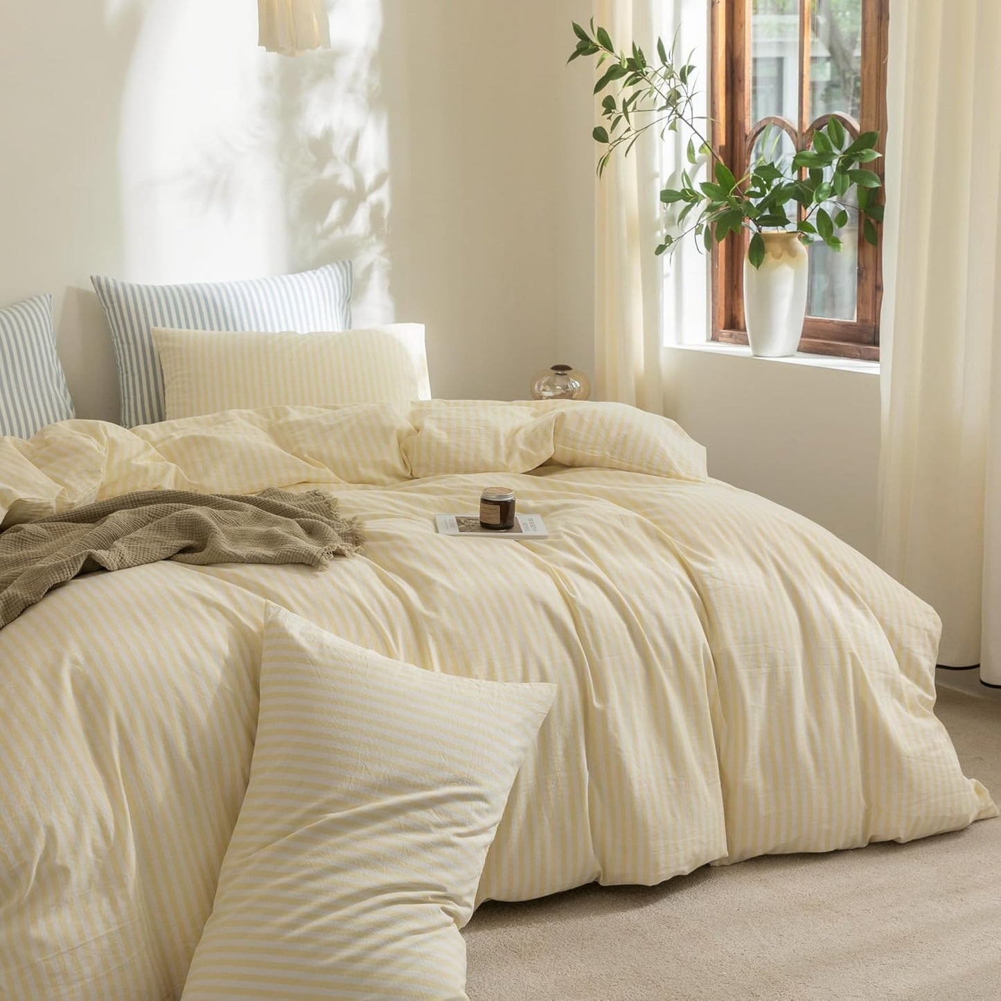 Striped Duvet Cover Set 100% Washed Cotton Linen Feel Super Soft Breathable Cozy 3 Pieces Bedding Sets Pastel Yellow Classic Stripes Queen