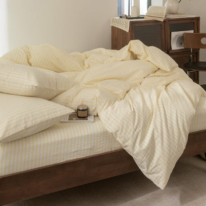 Striped Duvet Cover Set 100% Washed Cotton Linen Feel Super Soft Breathable Cozy 3 Pieces Bedding Sets Pastel Yellow Classic Stripes Queen