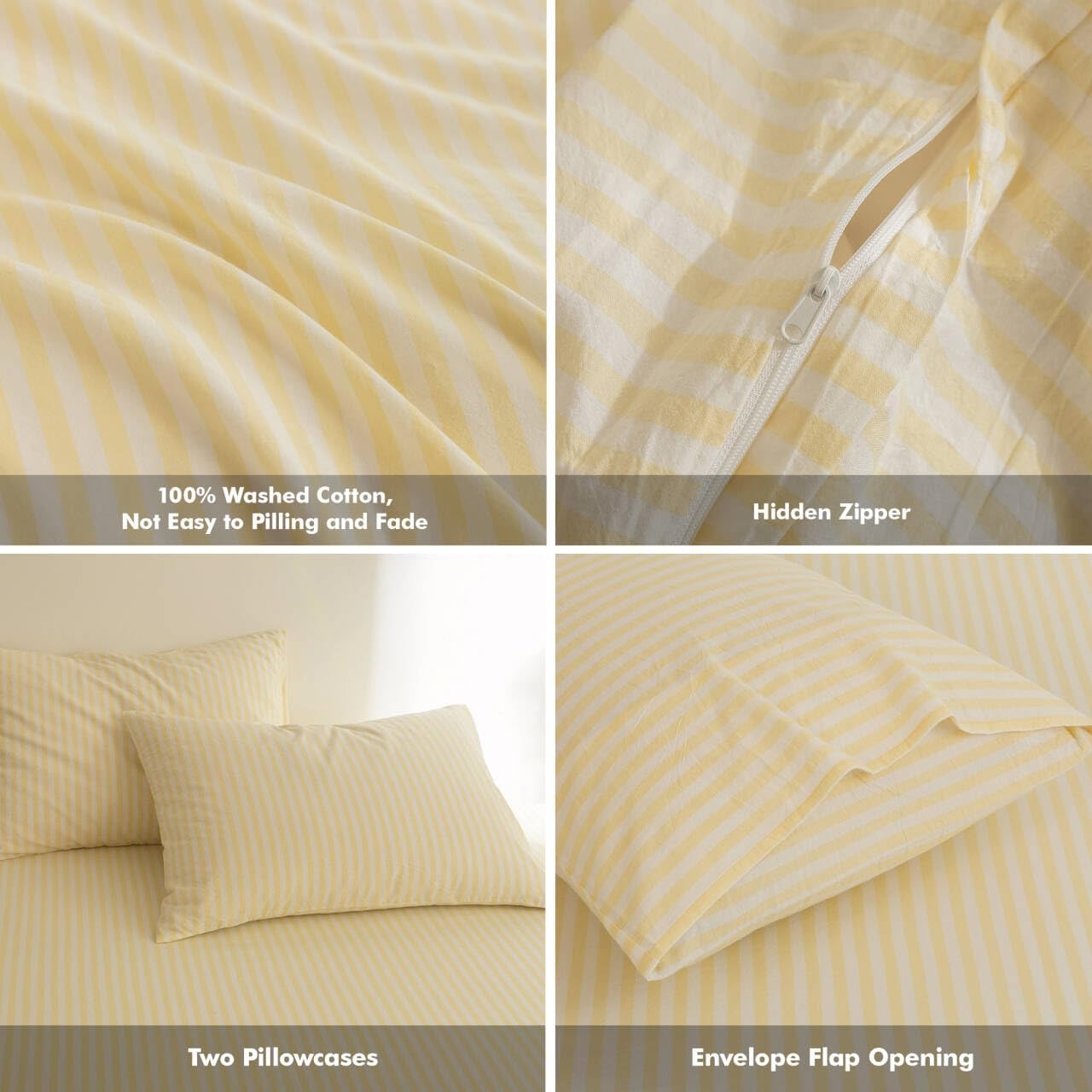 Striped Duvet Cover Set 100% Washed Cotton Linen Feel Super Soft Breathable Cozy 3 Pieces Bedding Sets Pastel Yellow Classic Stripes Queen