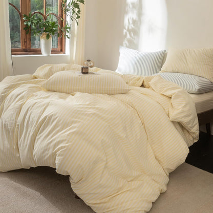 Striped Duvet Cover Set 100% Washed Cotton Linen Feel Super Soft Breathable Cozy 3 Pieces Bedding Sets Pastel Yellow Classic Stripes Queen