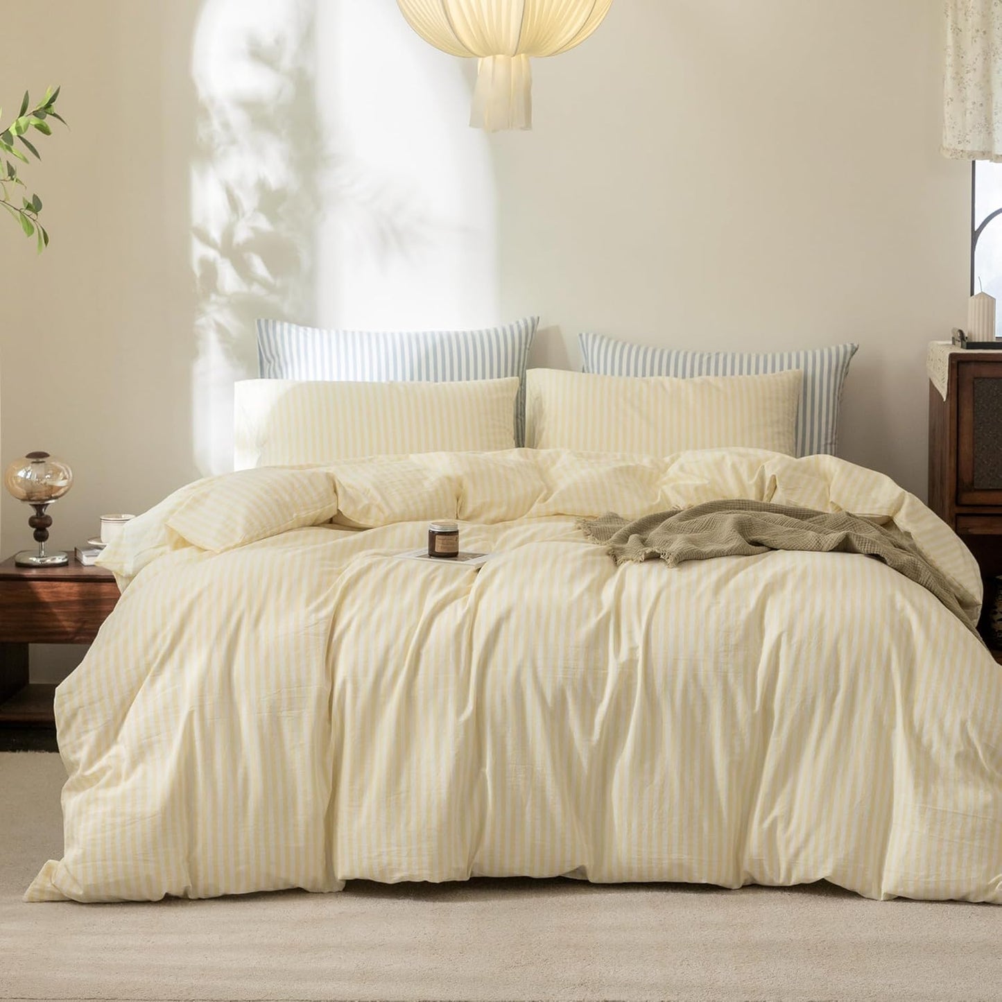 Striped Duvet Cover Set 100% Washed Cotton Linen Feel Super Soft Breathable Cozy 3 Pieces Bedding Sets Pastel Yellow Classic Stripes Queen