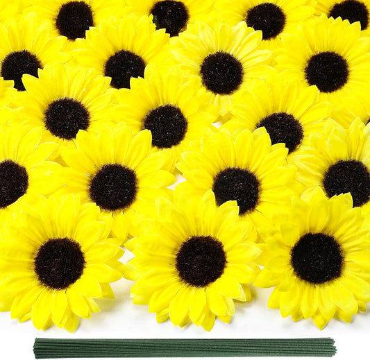 40pcs Fake Sunflower Heads with Stems, 4" Sunflower Artificial Silk Flower Heads for Crafts, Sunflower Decorations for Birthday Party Baby Shower Wedding Bathroom Home Decor(Bright Yellow)
