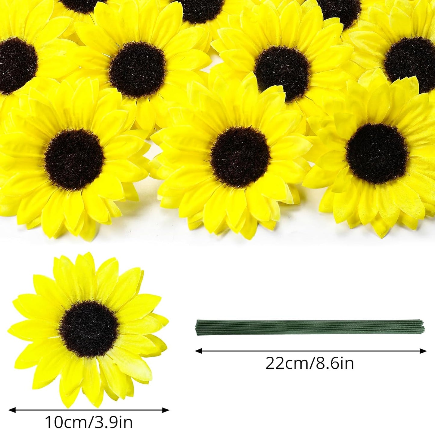 40pcs Fake Sunflower Heads with Stems, 4" Sunflower Artificial Silk Flower Heads for Crafts, Sunflower Decorations for Birthday Party Baby Shower Wedding Bathroom Home Decor(Bright Yellow)