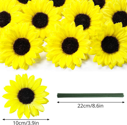 40pcs Fake Sunflower Heads with Stems, 4" Sunflower Artificial Silk Flower Heads for Crafts, Sunflower Decorations for Birthday Party Baby Shower Wedding Bathroom Home Decor(Bright Yellow)