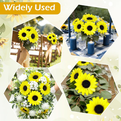 40pcs Fake Sunflower Heads with Stems, 4" Sunflower Artificial Silk Flower Heads for Crafts, Sunflower Decorations for Birthday Party Baby Shower Wedding Bathroom Home Decor(Bright Yellow)