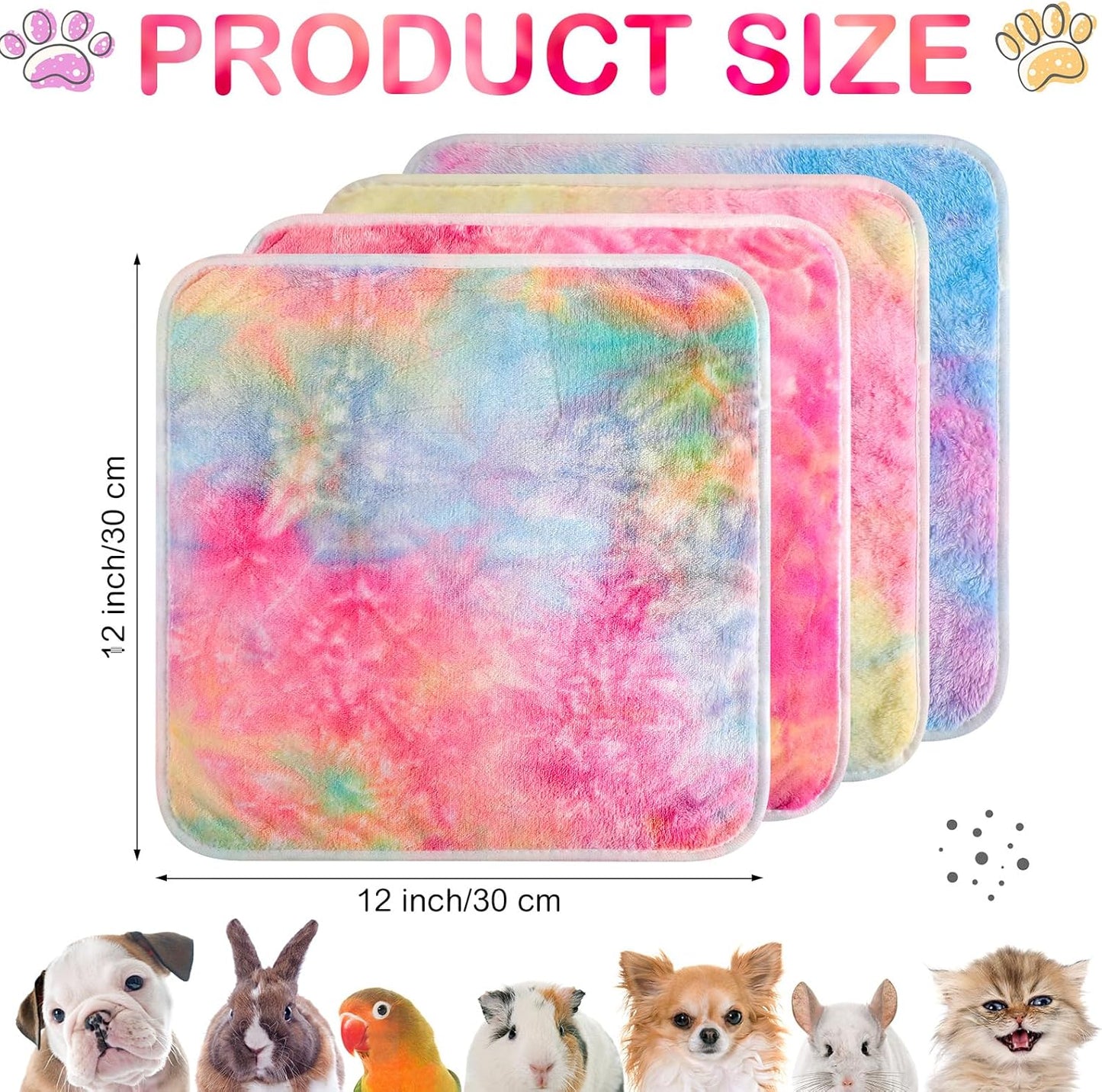 4 Pcs Waterproof Guinea Pig Blankets Washable Small Animal Fleece Bedding Absorbent Guinea Pig Cage Liners Reusable Training Pee Pad Pet Sleep Mat for Hamster(Tie Dye Pattern,12 x 12 Inch)