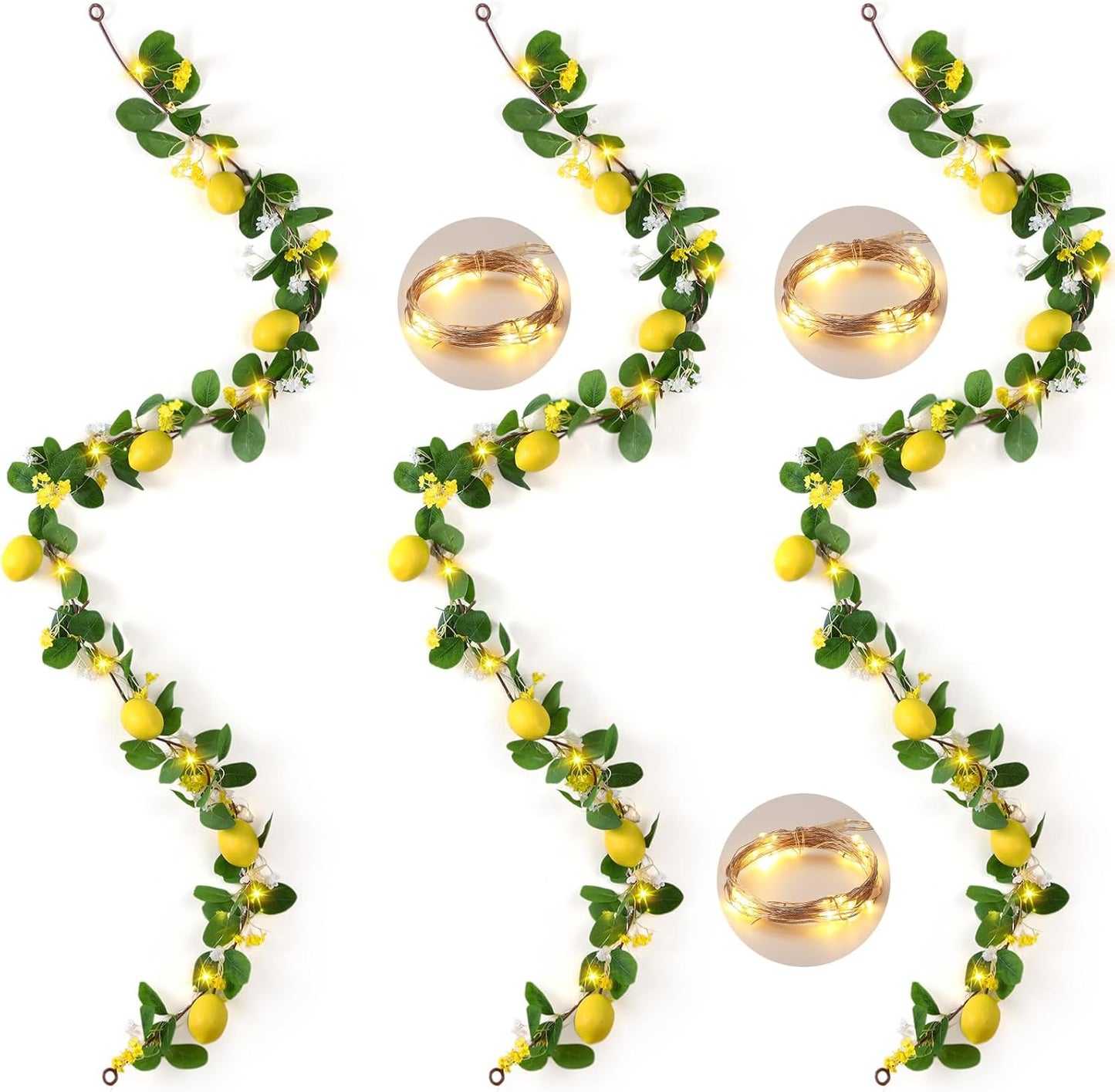 3 Pcs 5.74 ft Artificial Lemon Garland Lemon Vine Garland with Greenery Fake Fruit Party Decoration with Battery Powered Light for Home Door Wall Mantel Wedding Kitchen Table (Stylish Style)