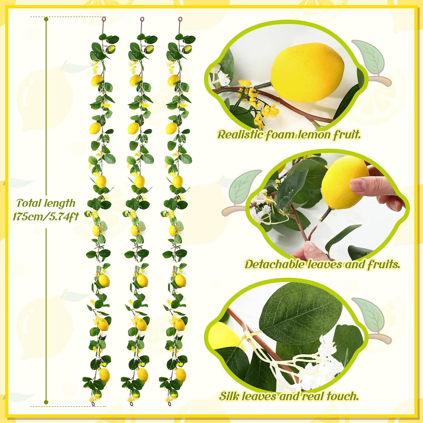 3 Pcs 5.74 ft Artificial Lemon Garland Lemon Vine Garland with Greenery Fake Fruit Party Decoration with Battery Powered Light for Home Door Wall Mantel Wedding Kitchen Table (Stylish Style)