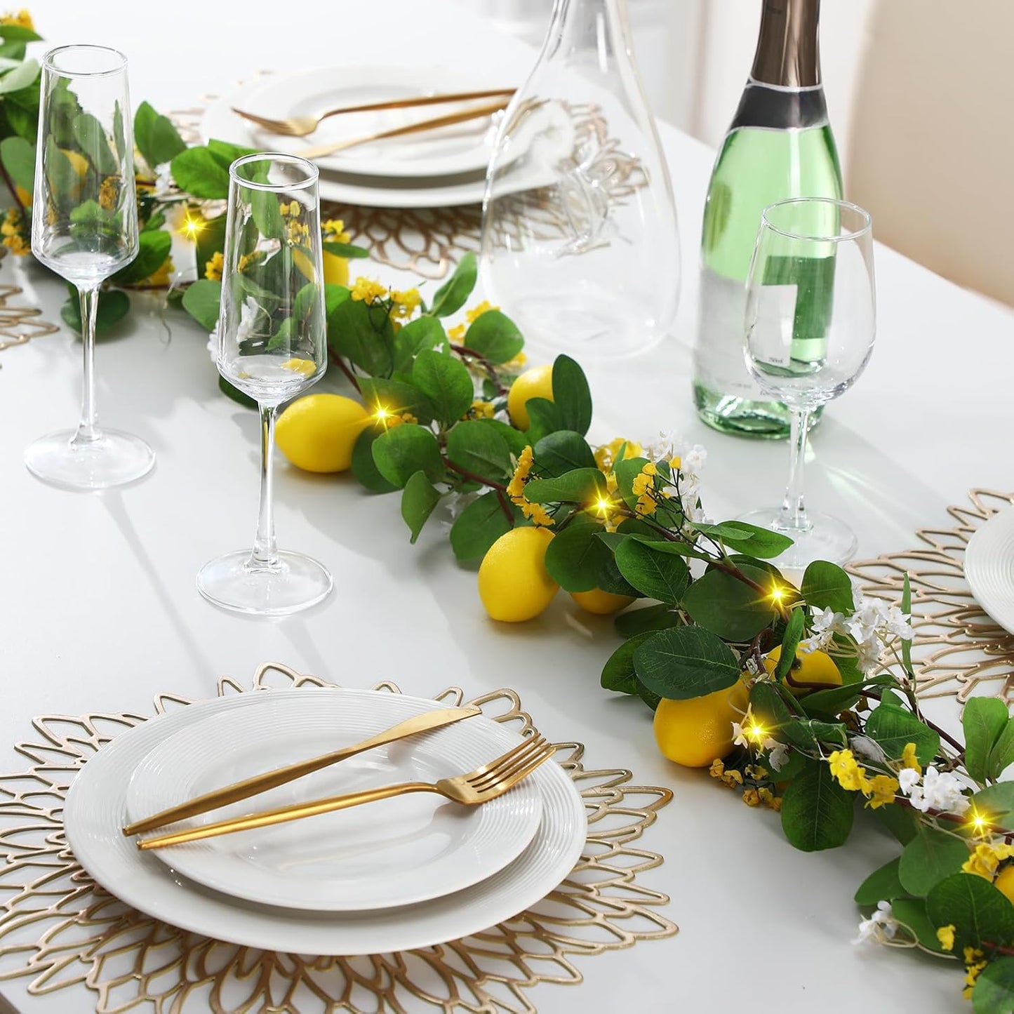 3 Pcs 5.74 ft Artificial Lemon Garland Lemon Vine Garland with Greenery Fake Fruit Party Decoration with Battery Powered Light for Home Door Wall Mantel Wedding Kitchen Table (Stylish Style)