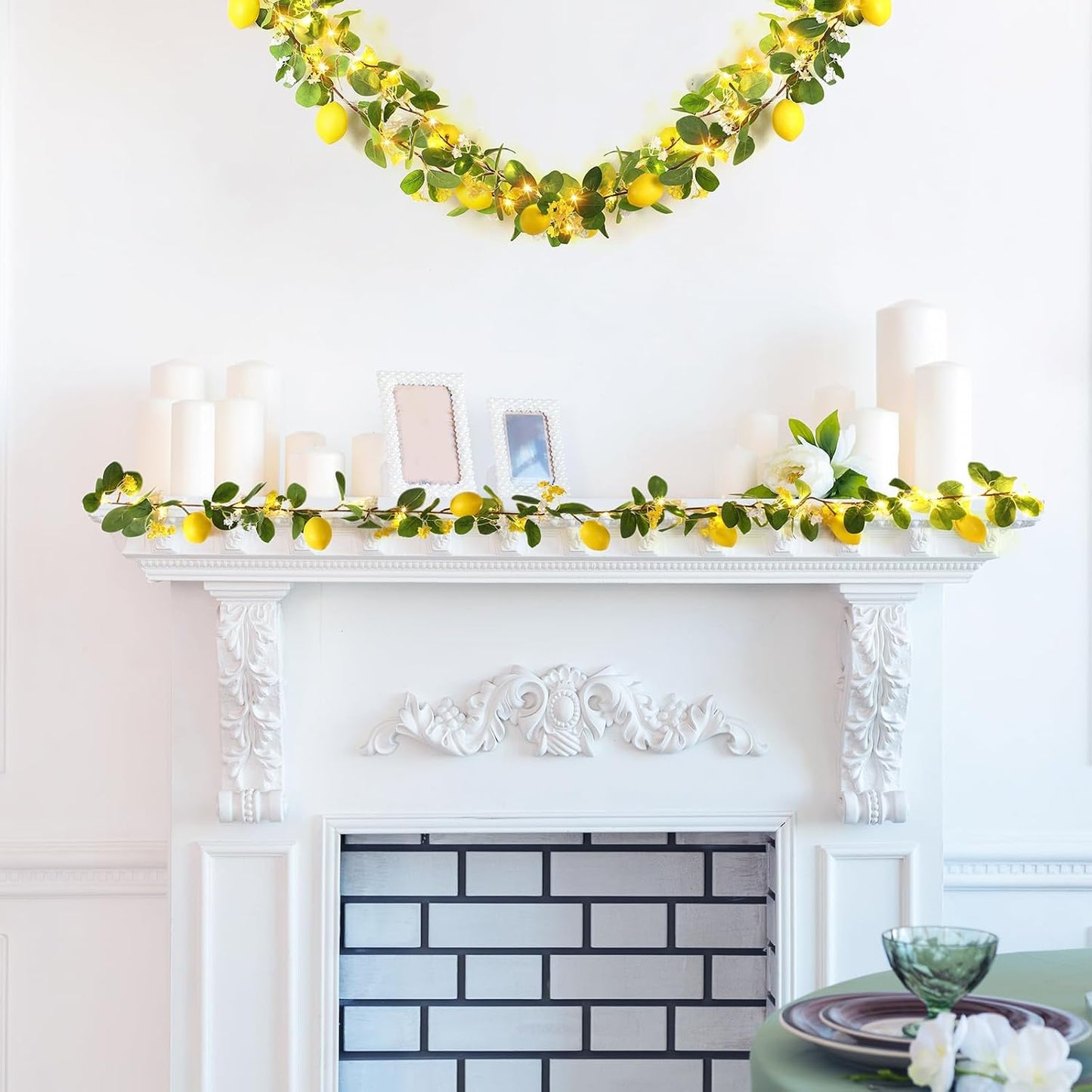 3 Pcs 5.74 ft Artificial Lemon Garland Lemon Vine Garland with Greenery Fake Fruit Party Decoration with Battery Powered Light for Home Door Wall Mantel Wedding Kitchen Table (Stylish Style)