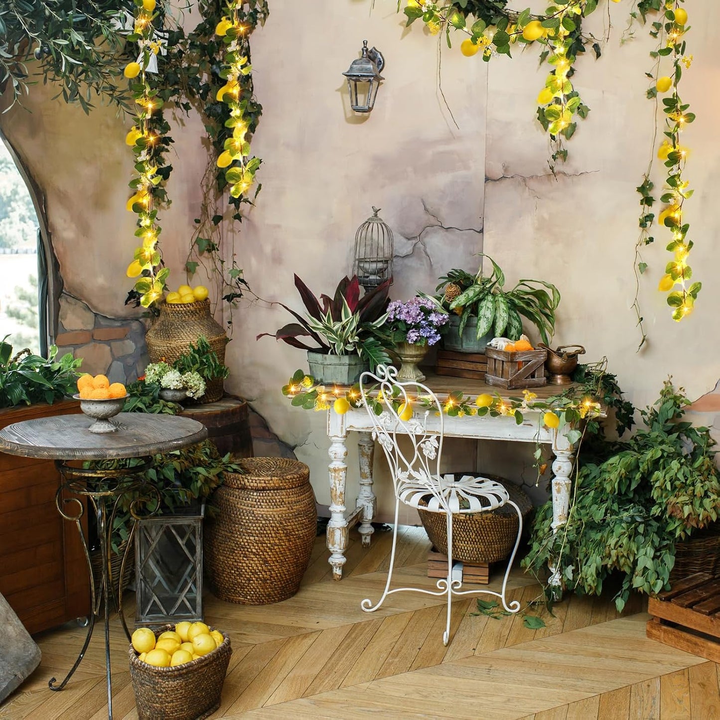 3 Pcs 5.74 ft Artificial Lemon Garland Lemon Vine Garland with Greenery Fake Fruit Party Decoration with Battery Powered Light for Home Door Wall Mantel Wedding Kitchen Table (Stylish Style)