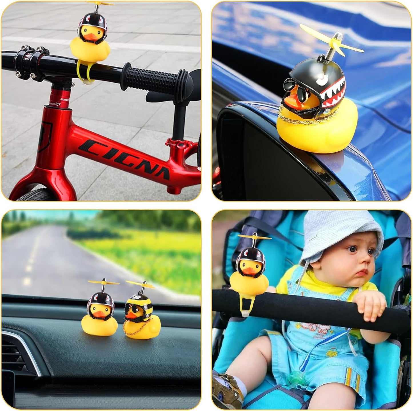 2 Pack Rubber Duck Car Ornaments, Yellow Duck Car Dashboard Decorations Squeeze Duck Bicycle Horns with Propeller Helmet,Bandage and Gold Chain