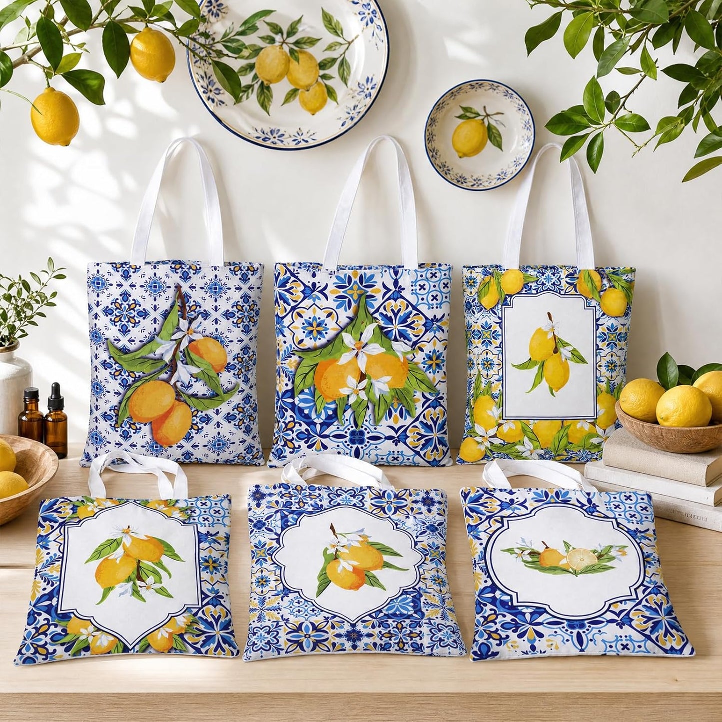 6 Pcs Amalfi Coast Tote Bag for Women, Lemon Gifts Canvas Totes Italy Souvenirs Reusable Grocery Bags for Travel Shopping Summer Beach Party Birthday Graduation Gifts Wedding Favors