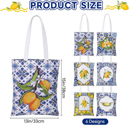 6 Pcs Amalfi Coast Tote Bag for Women, Lemon Gifts Canvas Totes Italy Souvenirs Reusable Grocery Bags for Travel Shopping Summer Beach Party Birthday Graduation Gifts Wedding Favors