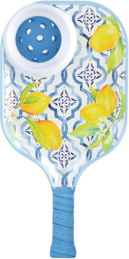 Lovely Lemon Melamine Chip and Dip Snack Tray, Citrus Garden Pickleball Paddle Shape Platter for Chips, Salsa, Fruits, and Appetizers, 15.75 x 8 Inch