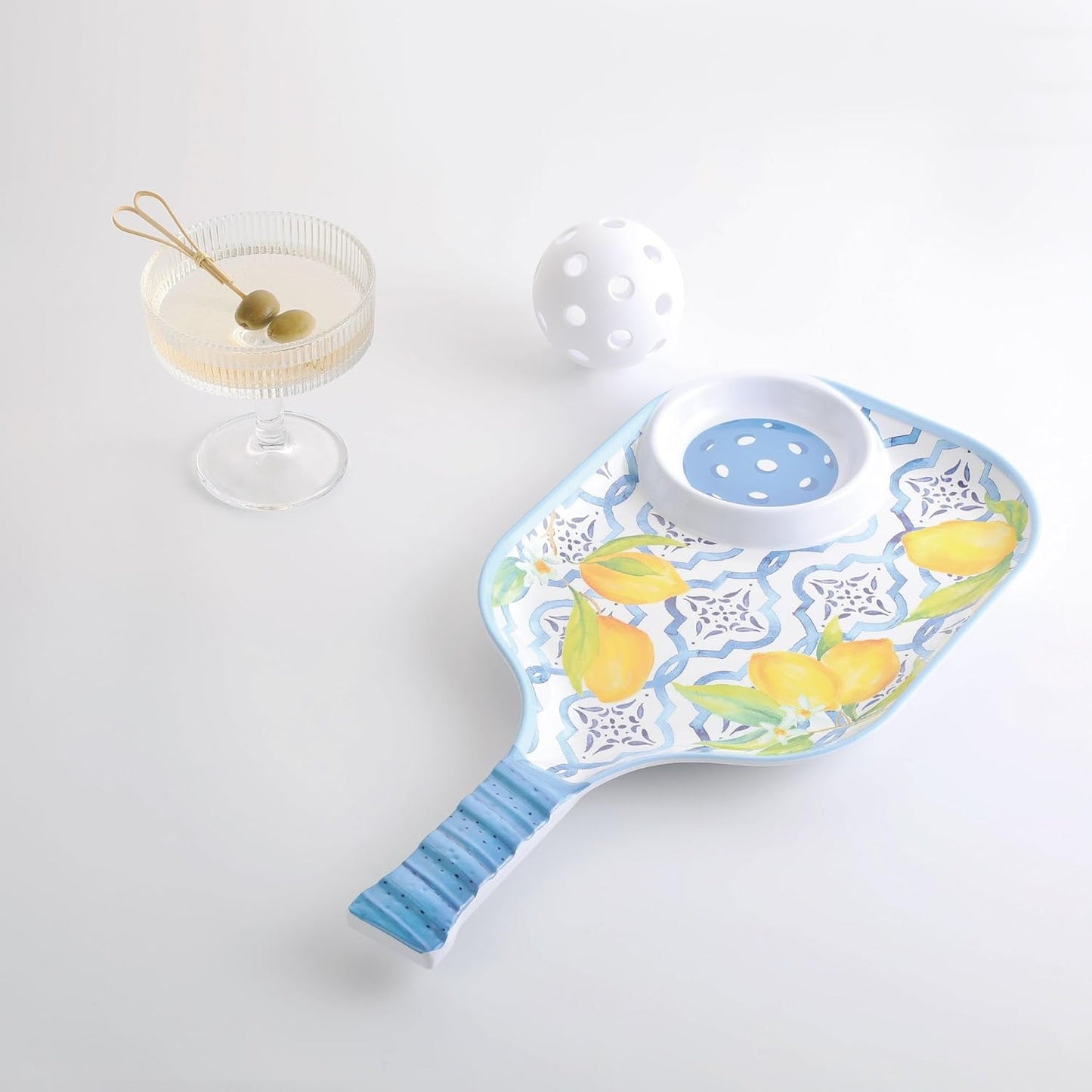 Lovely Lemon Melamine Chip and Dip Snack Tray, Citrus Garden Pickleball Paddle Shape Platter for Chips, Salsa, Fruits, and Appetizers, 15.75 x 8 Inch