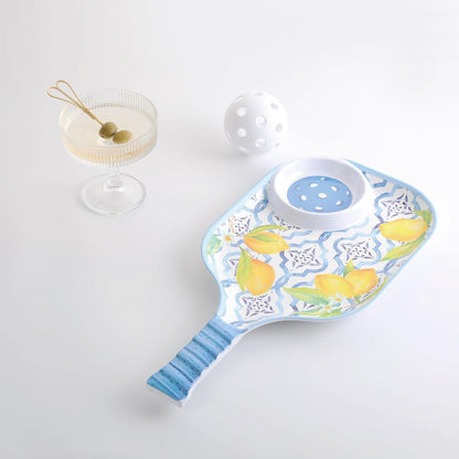 Lovely Lemon Melamine Chip and Dip Snack Tray, Citrus Garden Pickleball Paddle Shape Platter for Chips, Salsa, Fruits, and Appetizers, 15.75 x 8 Inch